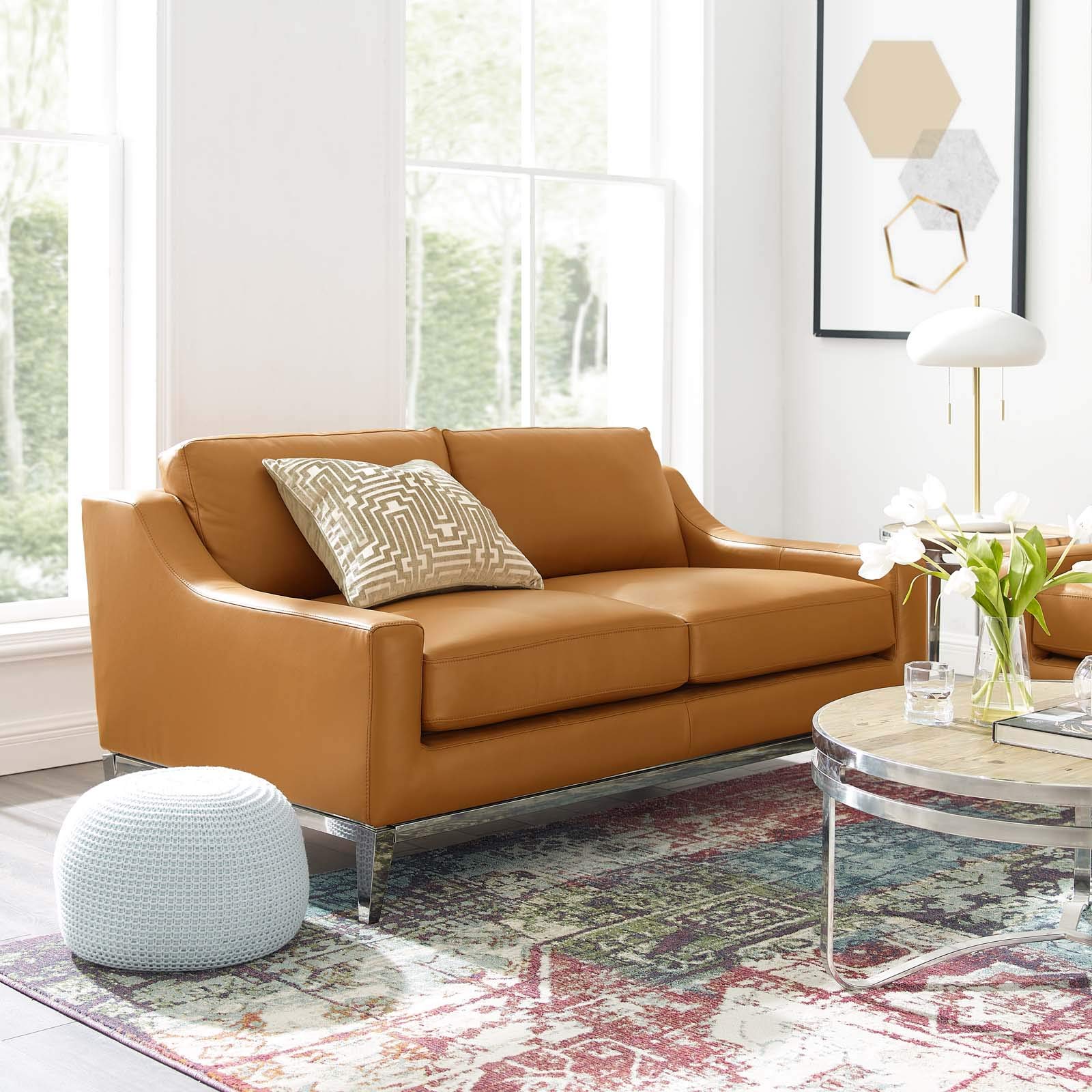 Modway Harness 64" Leather Loveseat In Tan With Stainless Steel Base